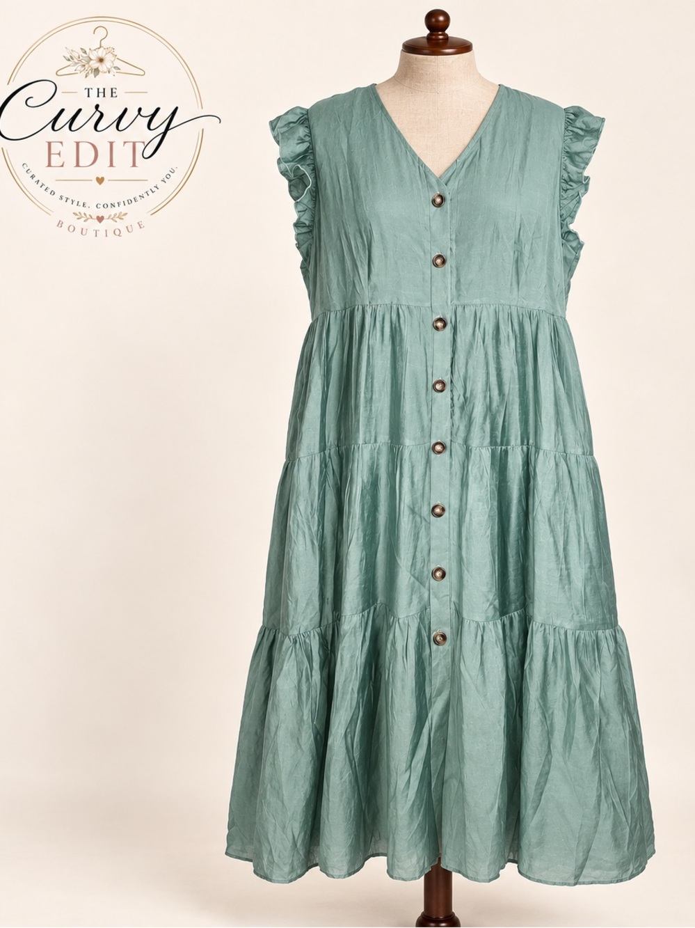 Loness Curve 4XL Sage Green Tiered Ruffle Sleeve Western Boho Button Front Dress